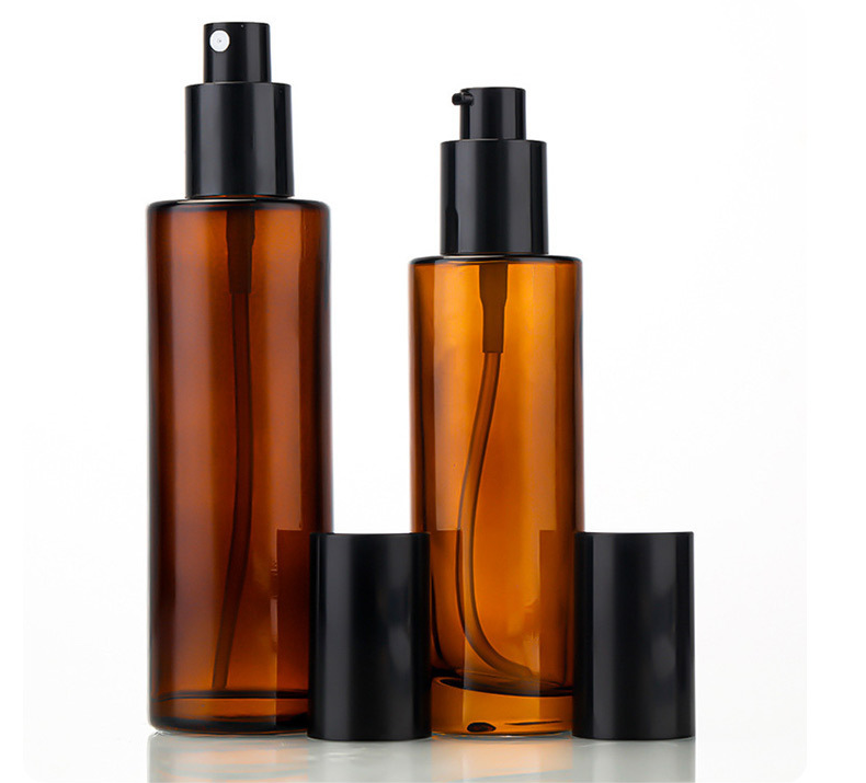 amber bottles with pump and sprayer